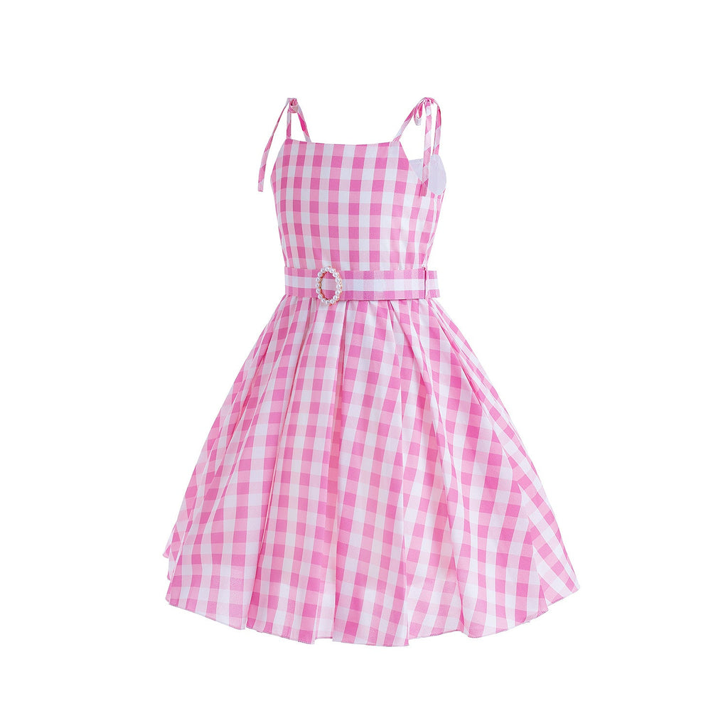 Girl Barbie Pink Plaid Sleeveless Cosplay Costume Dress For Party Holiday