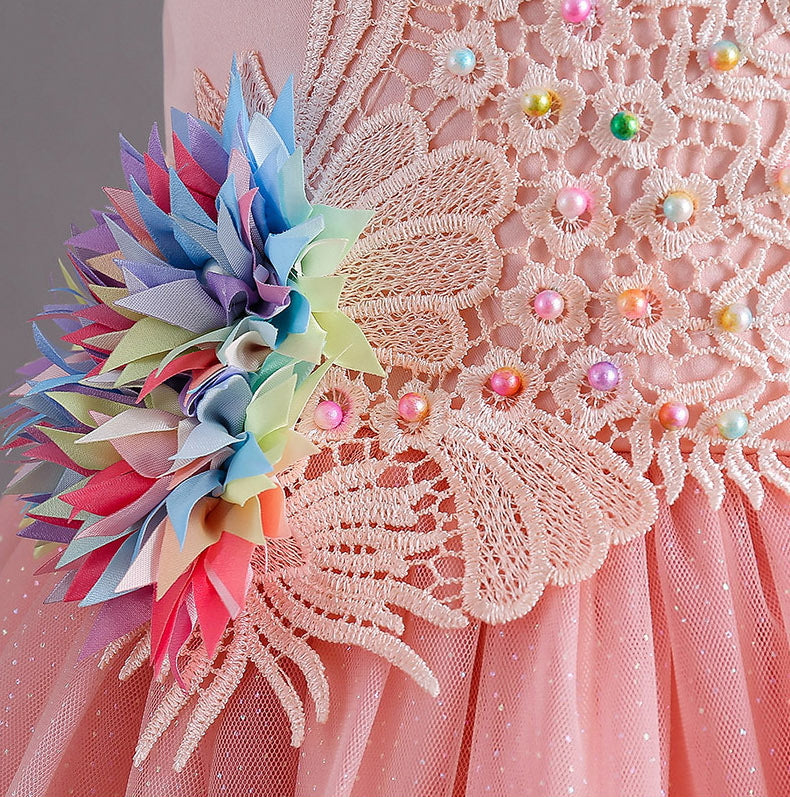 Flower Girl Dress Pearl Wedding Dress Lace Trailing Princess Dress Birthday Costume Party Holiday