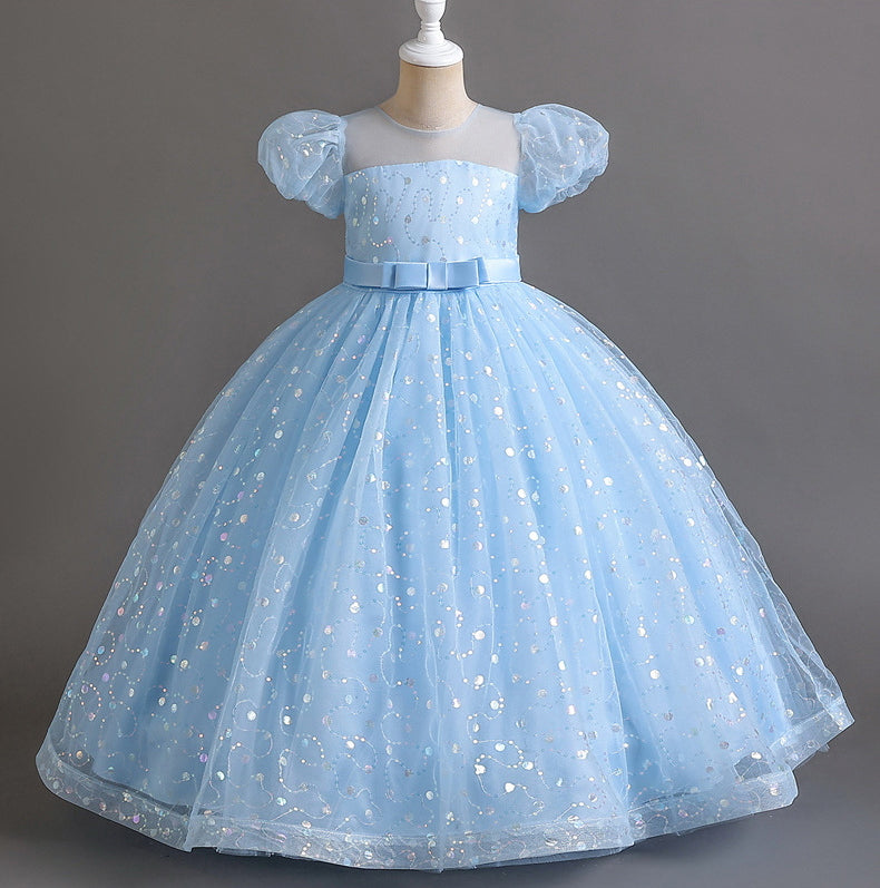 Puff Flower Girl Dress Bow Sequin Wedding Dress Princess Dress Birthday Costume Party Holiday