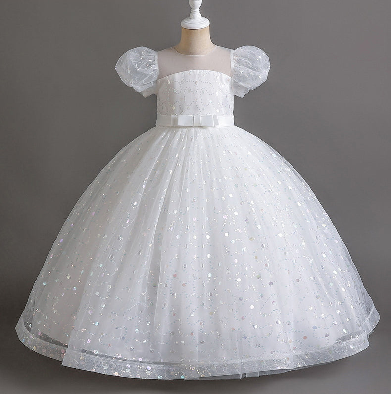 Puff Flower Girl Dress Bow Sequin Wedding Dress Princess Dress Birthday Costume Party Holiday