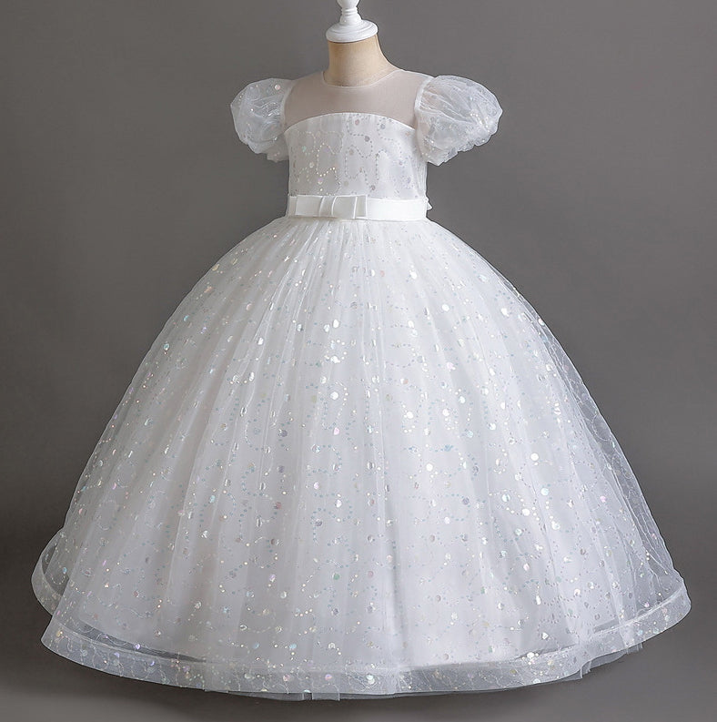 Puff Flower Girl Dress Bow Sequin Wedding Dress Princess Dress Birthday Costume Party Holiday