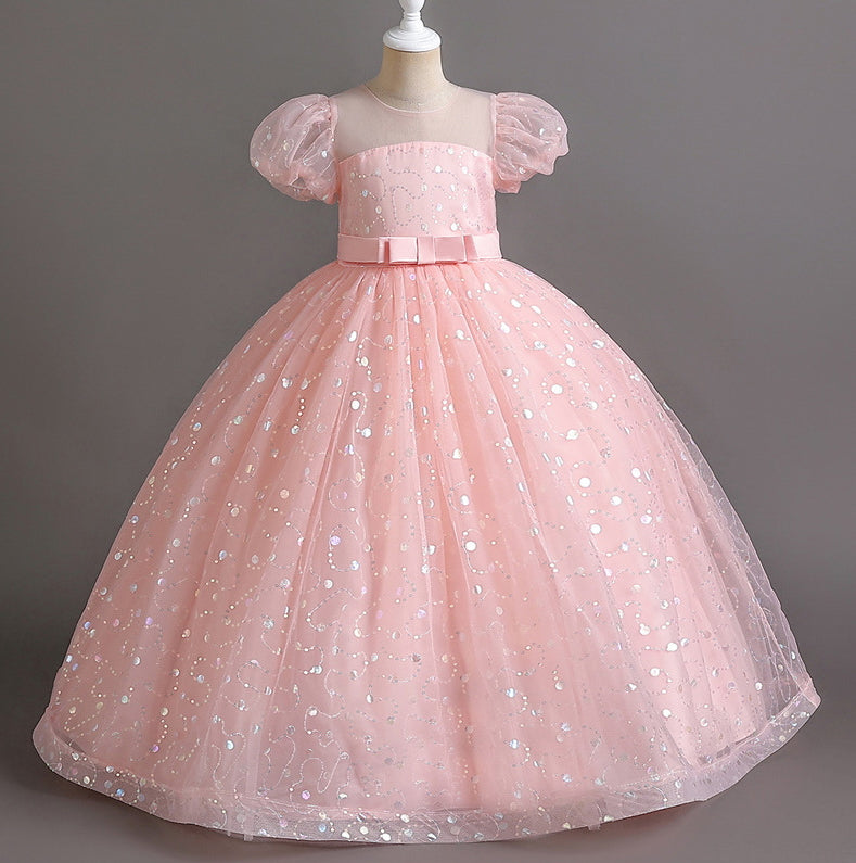 Puff Flower Girl Dress Bow Sequin Wedding Dress Princess Dress Birthday Costume Party Holiday