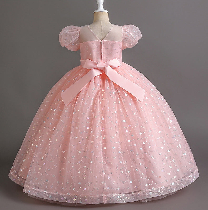 Puff Flower Girl Dress Bow Sequin Wedding Dress Princess Dress Birthday Costume Party Holiday