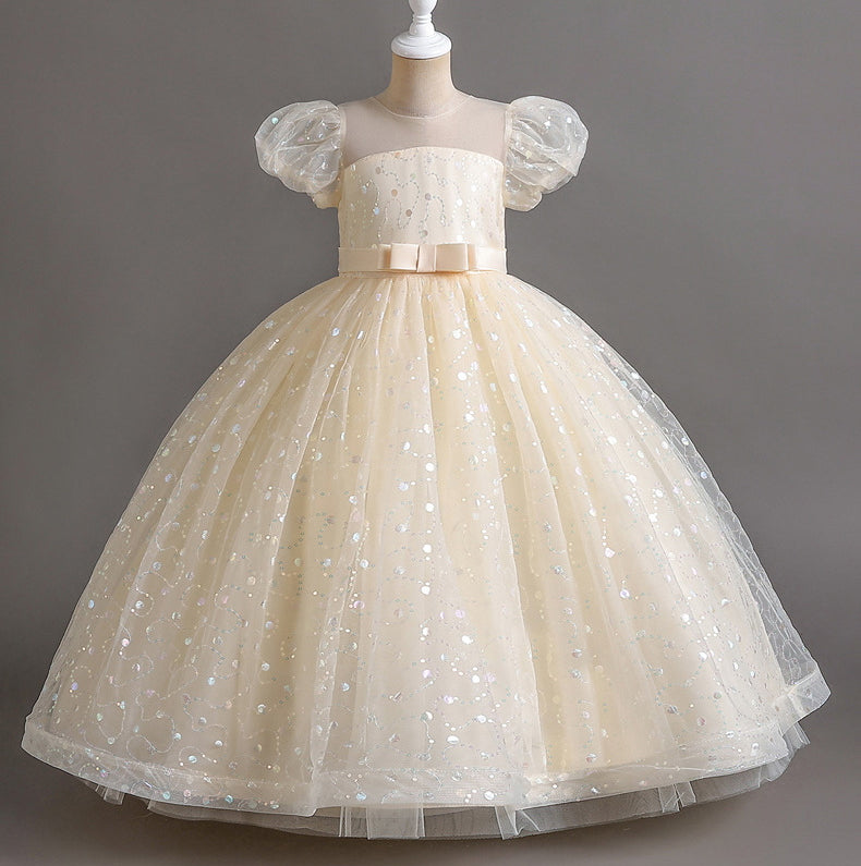 Puff Flower Girl Dress Bow Sequin Wedding Dress Princess Dress Birthday Costume Party Holiday