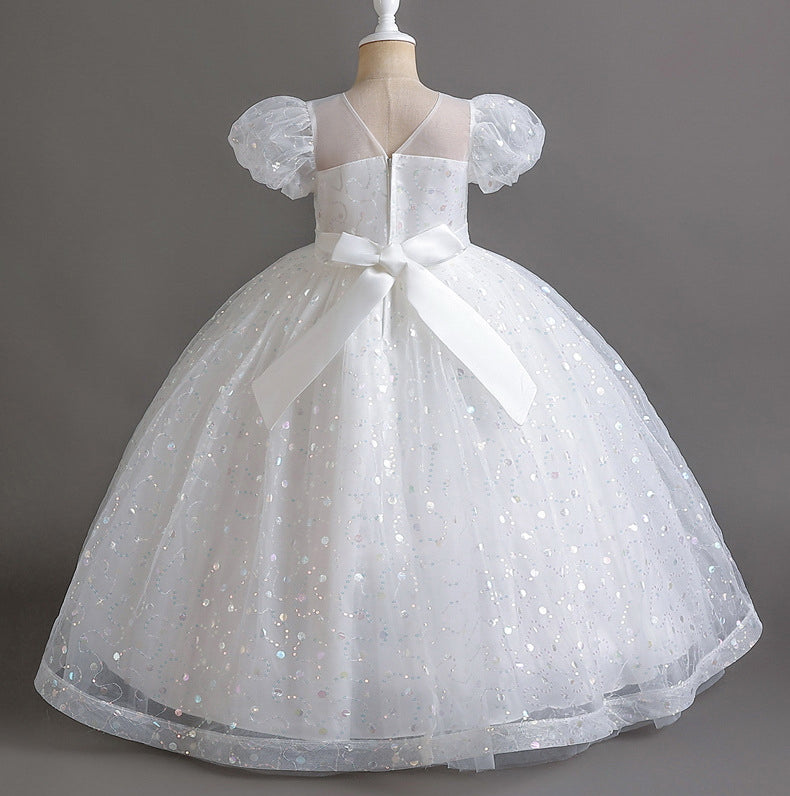 Puff Flower Girl Dress Bow Sequin Wedding Dress Princess Dress Birthday Costume Party Holiday