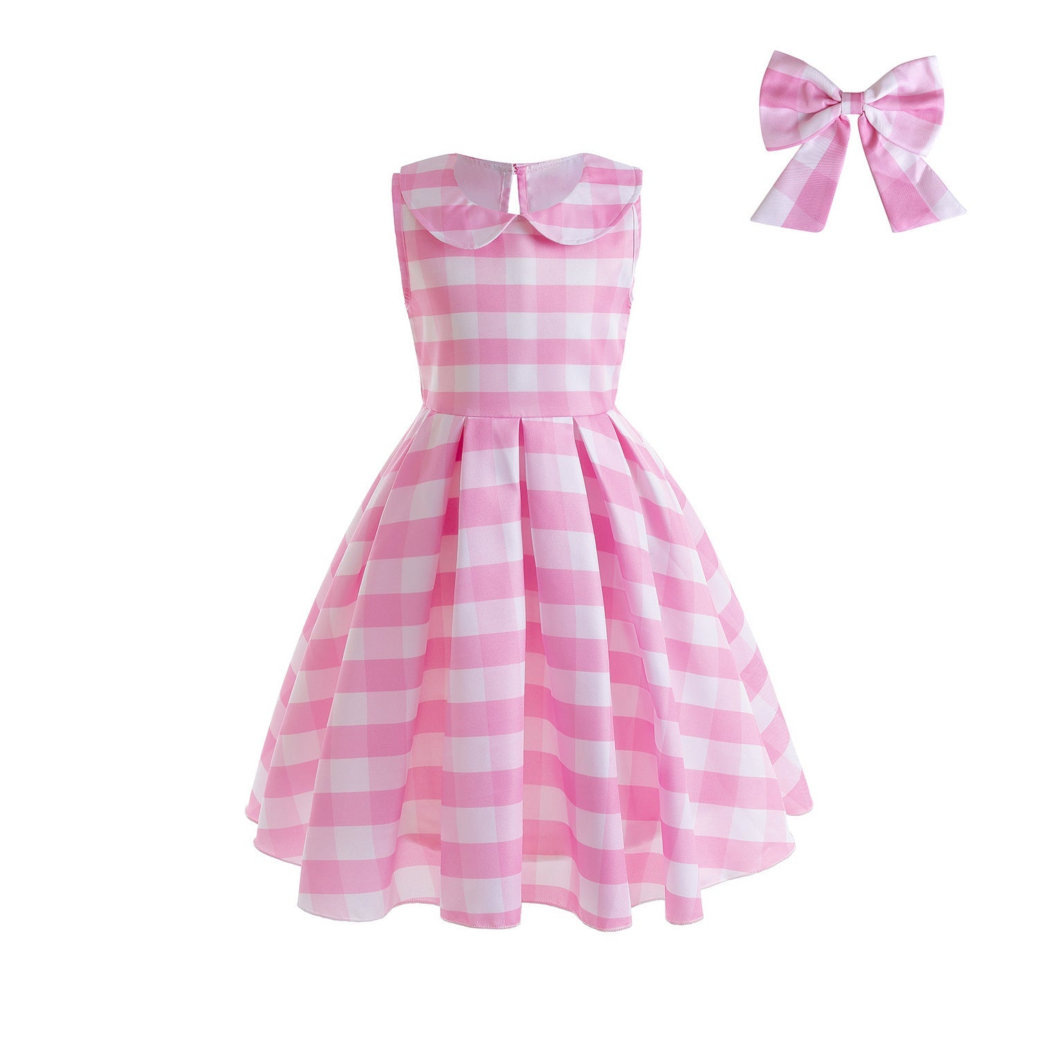 Girl Barbie Pink Plaid Sleeveless Cosplay Costume Dress For Party Holiday