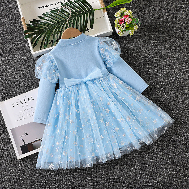 Elsa Lace New Girl Dress Bow Puff Toddler Princess Costume For Casual Wear Holiday Party Birthday