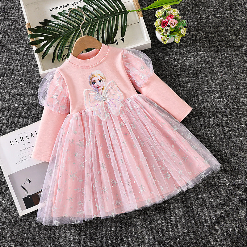 Elsa Lace New Girl Dress Bow Puff Toddler Princess Costume For Casual Wear Holiday Party Birthday