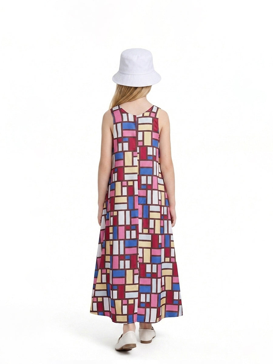 Geometric Print Sleeveless Maxi Dress Set for Women and Girls