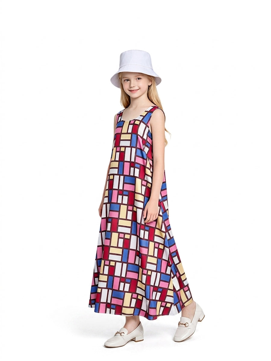 Geometric Print Sleeveless Maxi Dress Set for Women and Girls