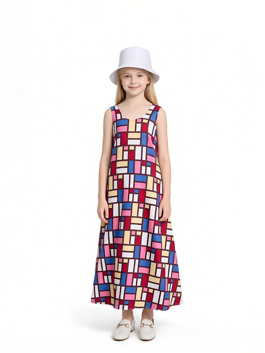 Geometric Print Sleeveless Maxi Dress Set for Women and Girls