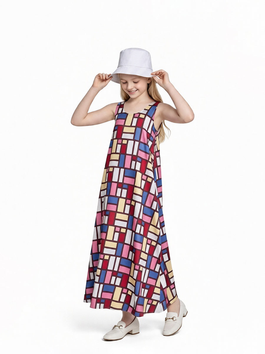 Geometric Print Sleeveless Maxi Dress Set for Women and Girls