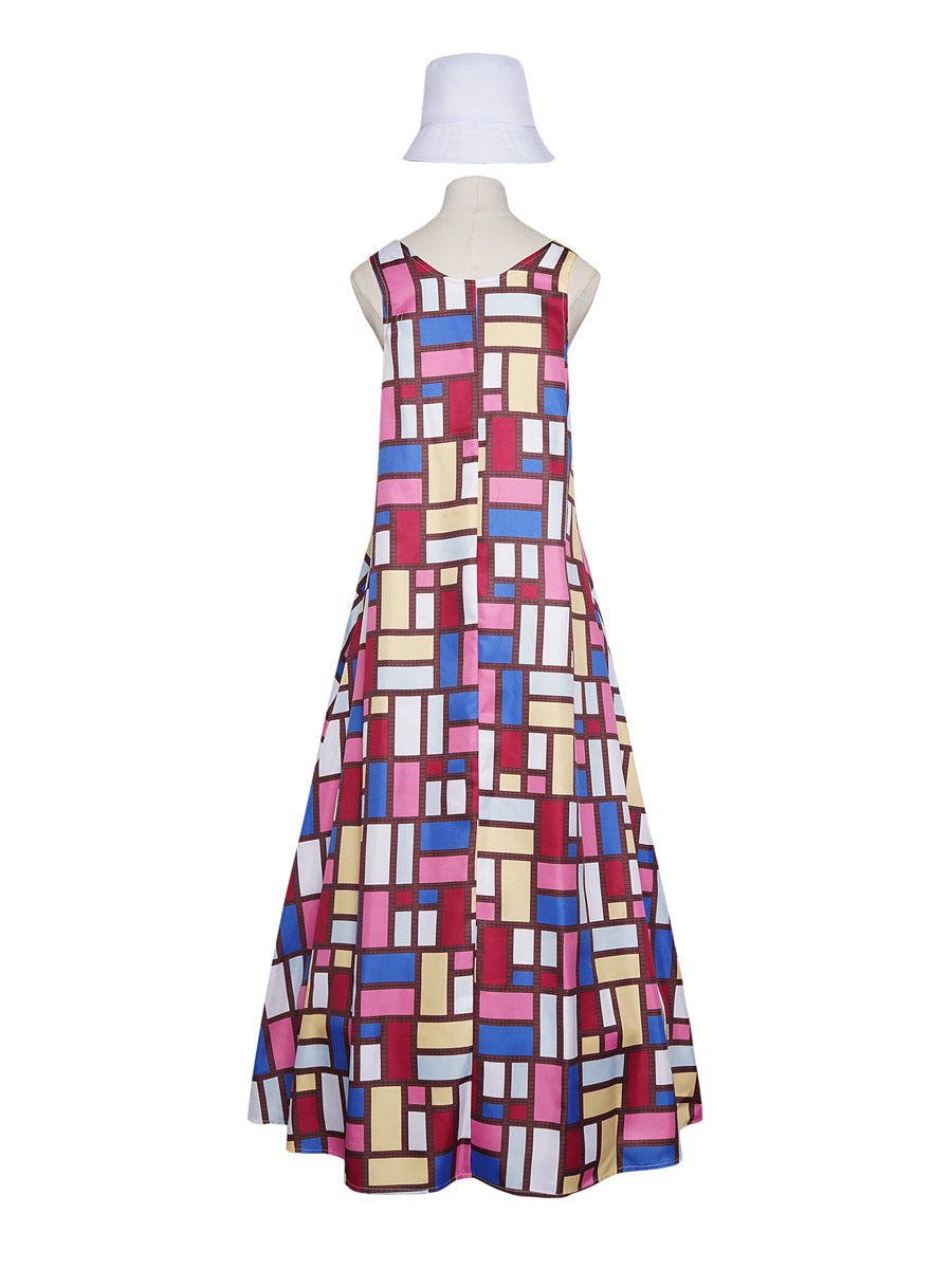 Geometric Print Sleeveless Maxi Dress Set for Women and Girls