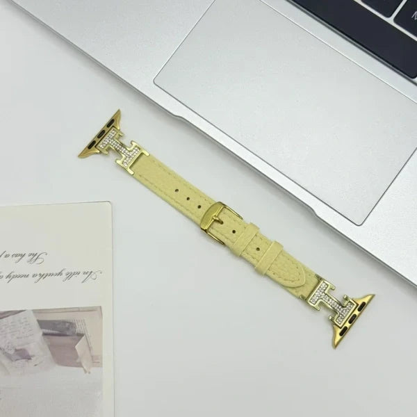 Metal diamond-studded H-mark leather strap