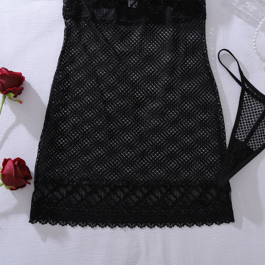 Black Geometric Lace Mesh Mini Dress Set