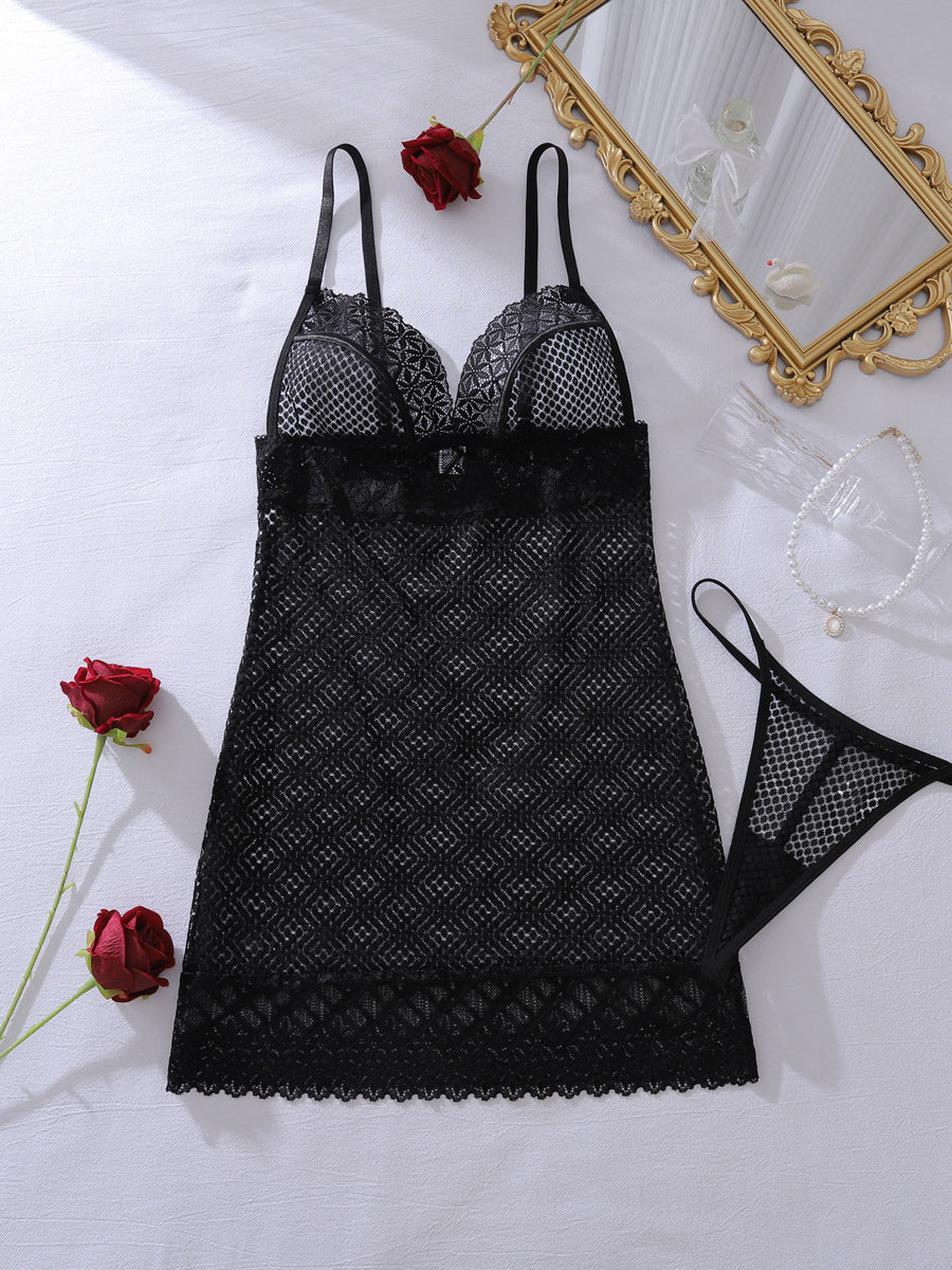 Black Geometric Lace Mesh Mini Dress Set