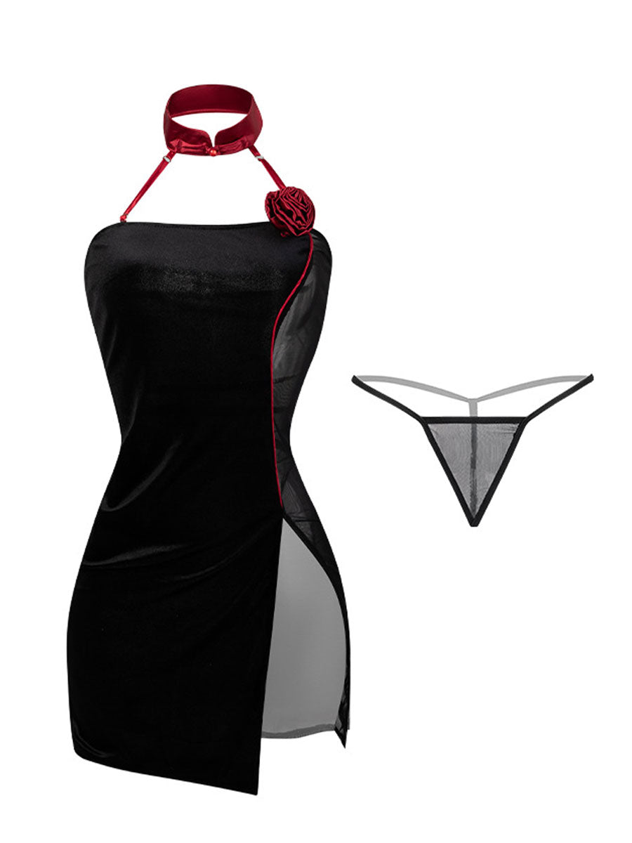 Black Halter Cheongsam Lingerie Set