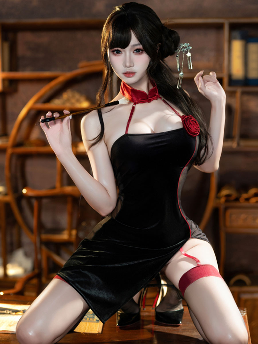 Black Halter Cheongsam Lingerie Set