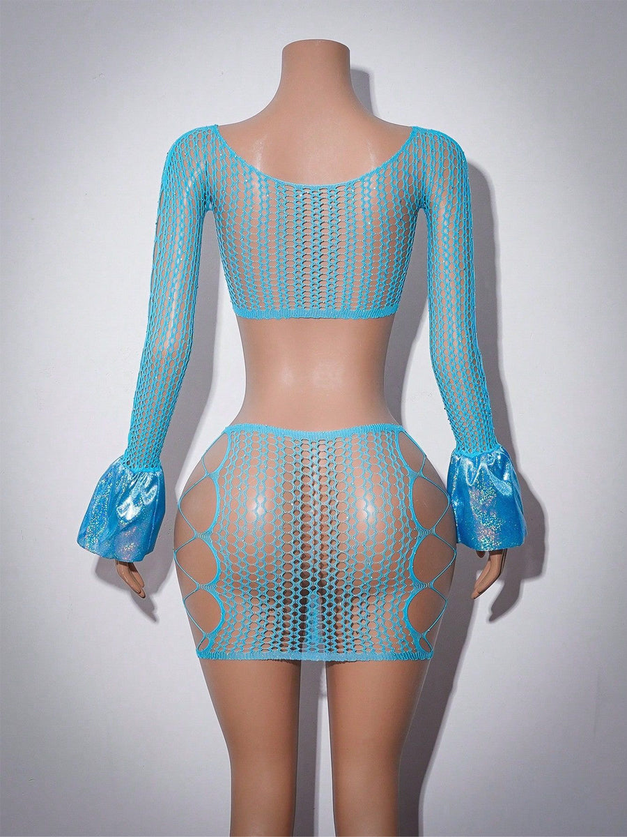 Blue Fishnet Rave Outfit