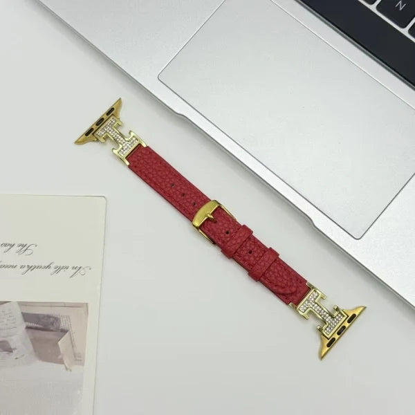 Metal diamond-studded H-mark leather strap