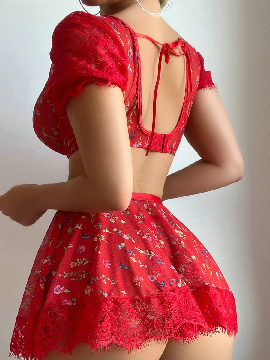 3-Piece Floral Mesh Lingerie Set