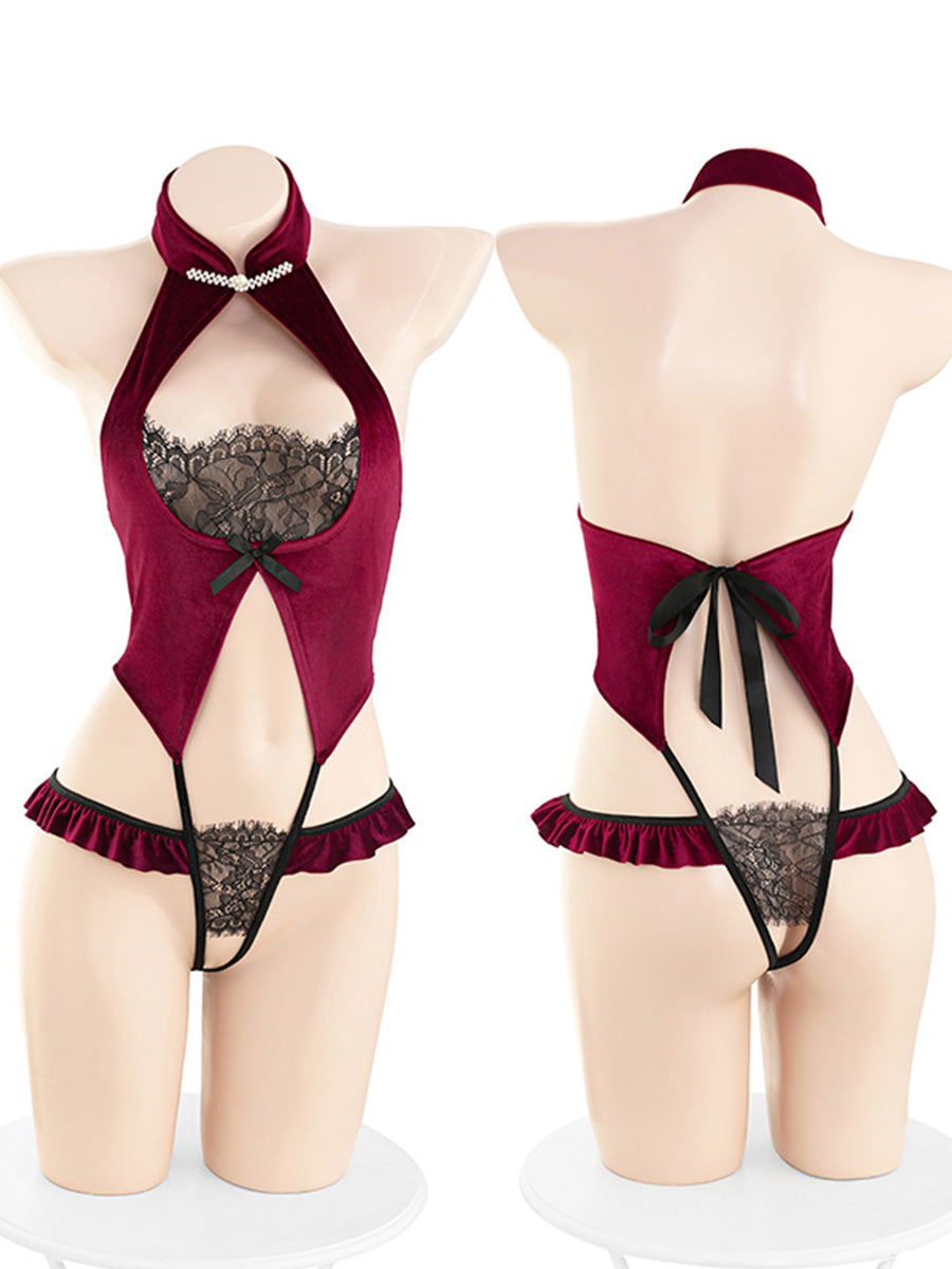 Crotchless Velvet Chinese Lace Bodysuit