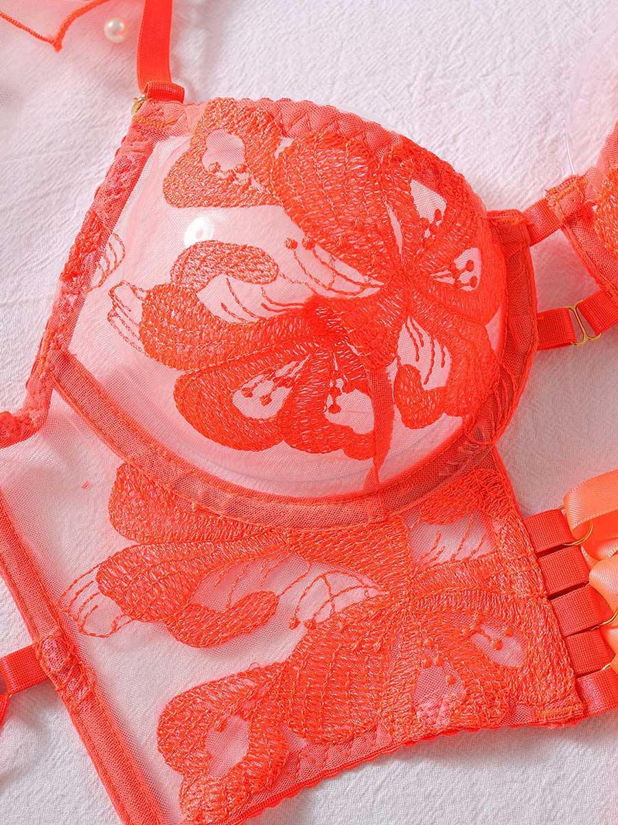 Floral Embroidered Mesh Lace-up Underwire Bra Set
