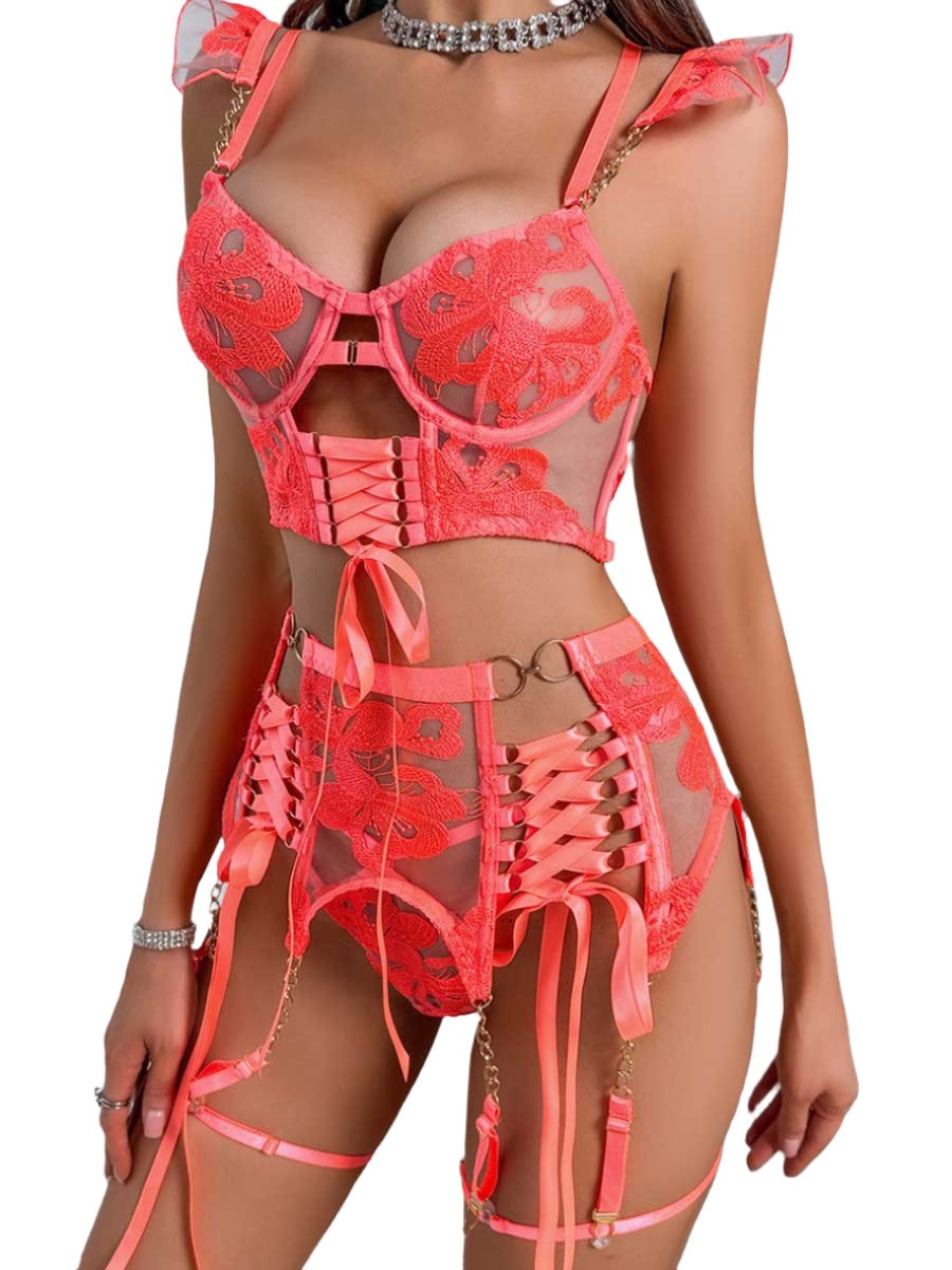 Floral Embroidered Mesh Lace-up Underwire Bra Set