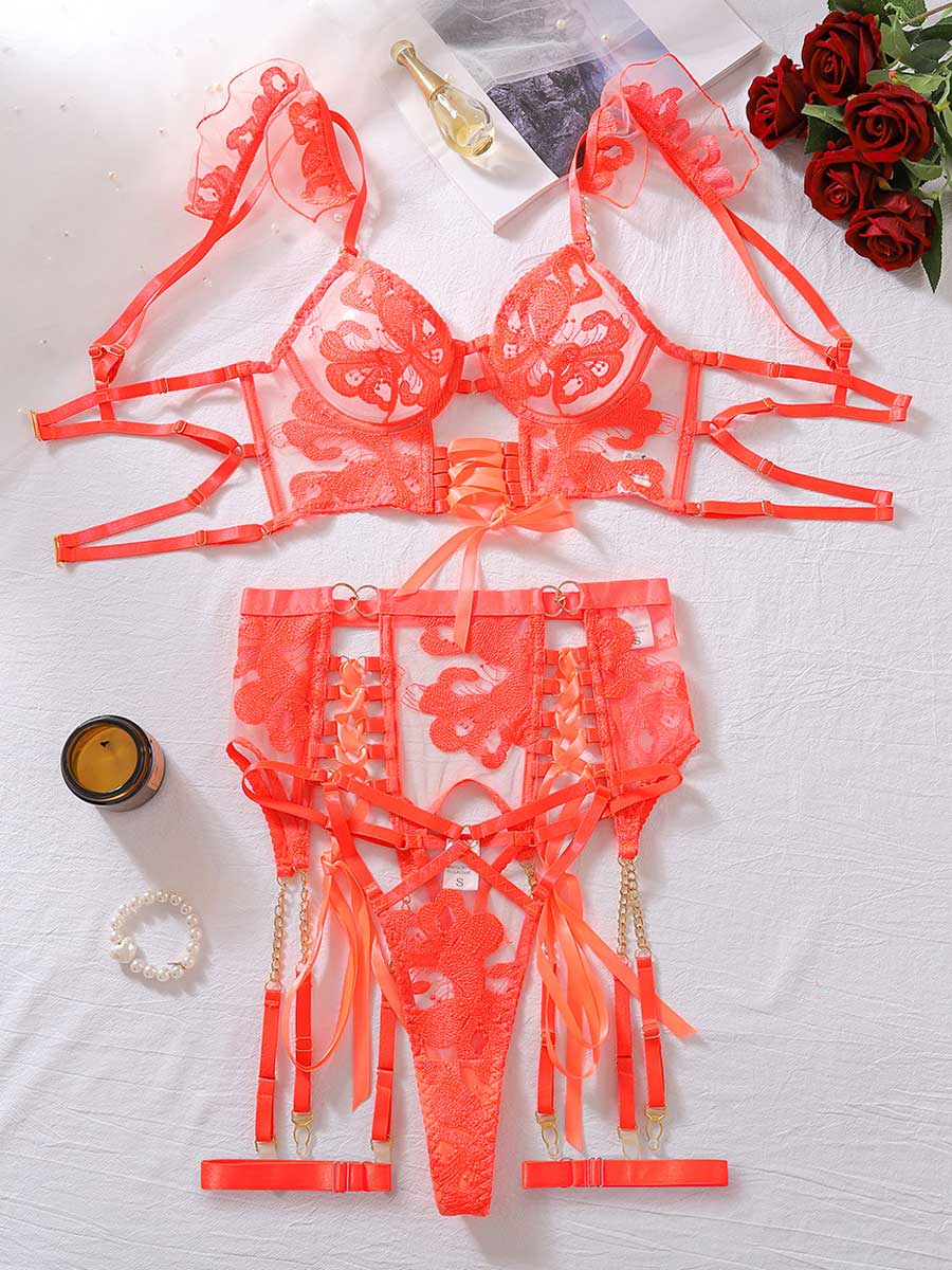 Floral Embroidered Mesh Lace-up Underwire Bra Set