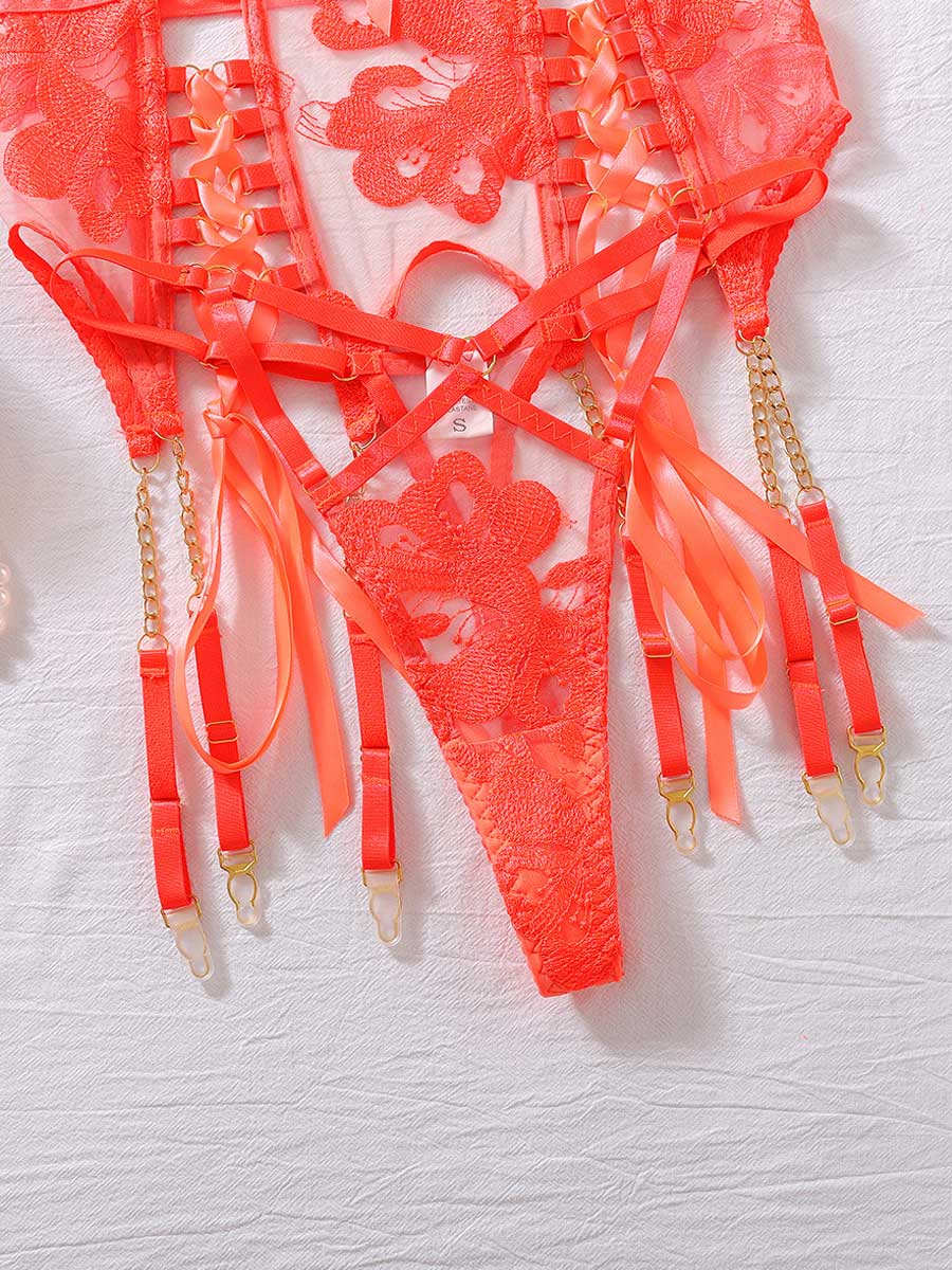 Floral Embroidered Mesh Lace-up Underwire Bra Set