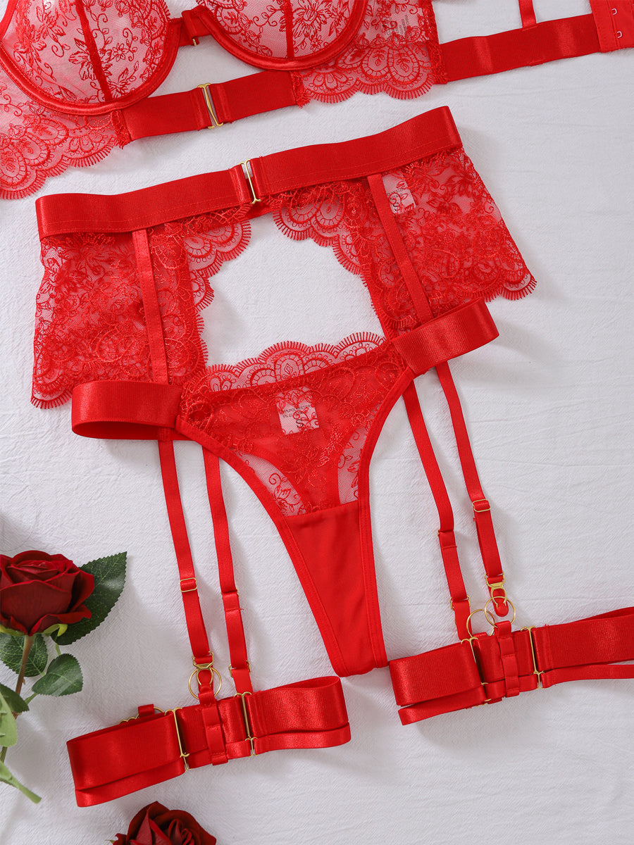 Floral Embroidery Eyelash Lace Sheer Mesh Bra Set