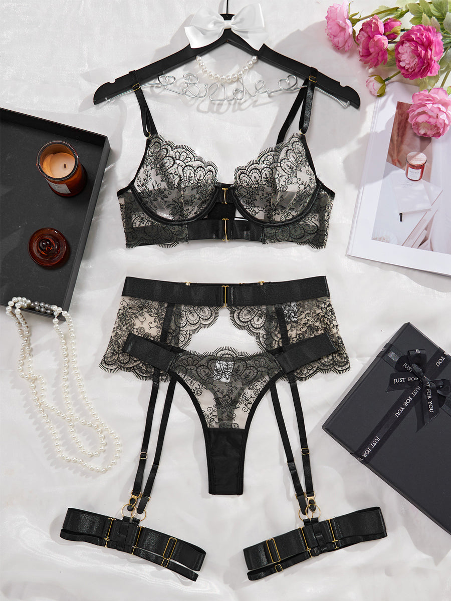 Floral Embroidery Eyelash Lace Sheer Mesh Bra Set