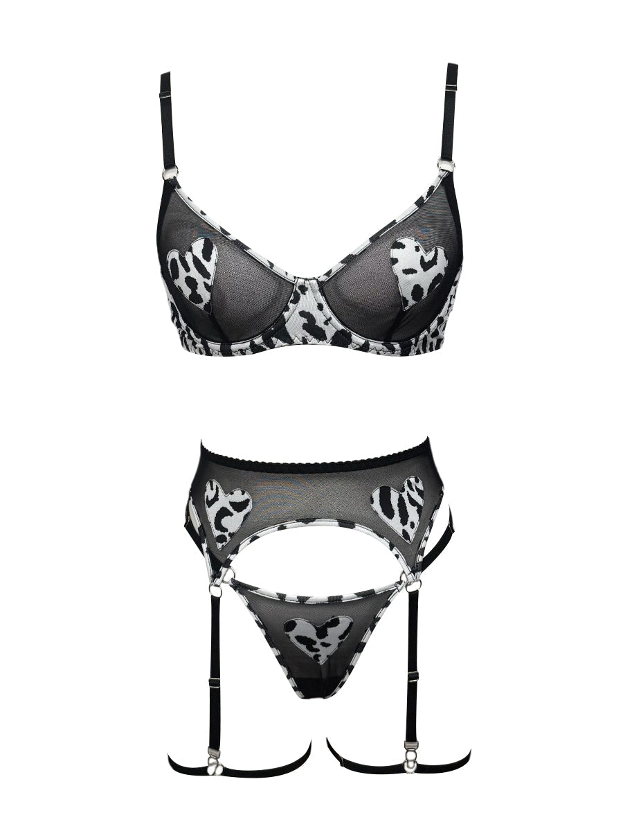 Leopard Heart Mesh Bra Set