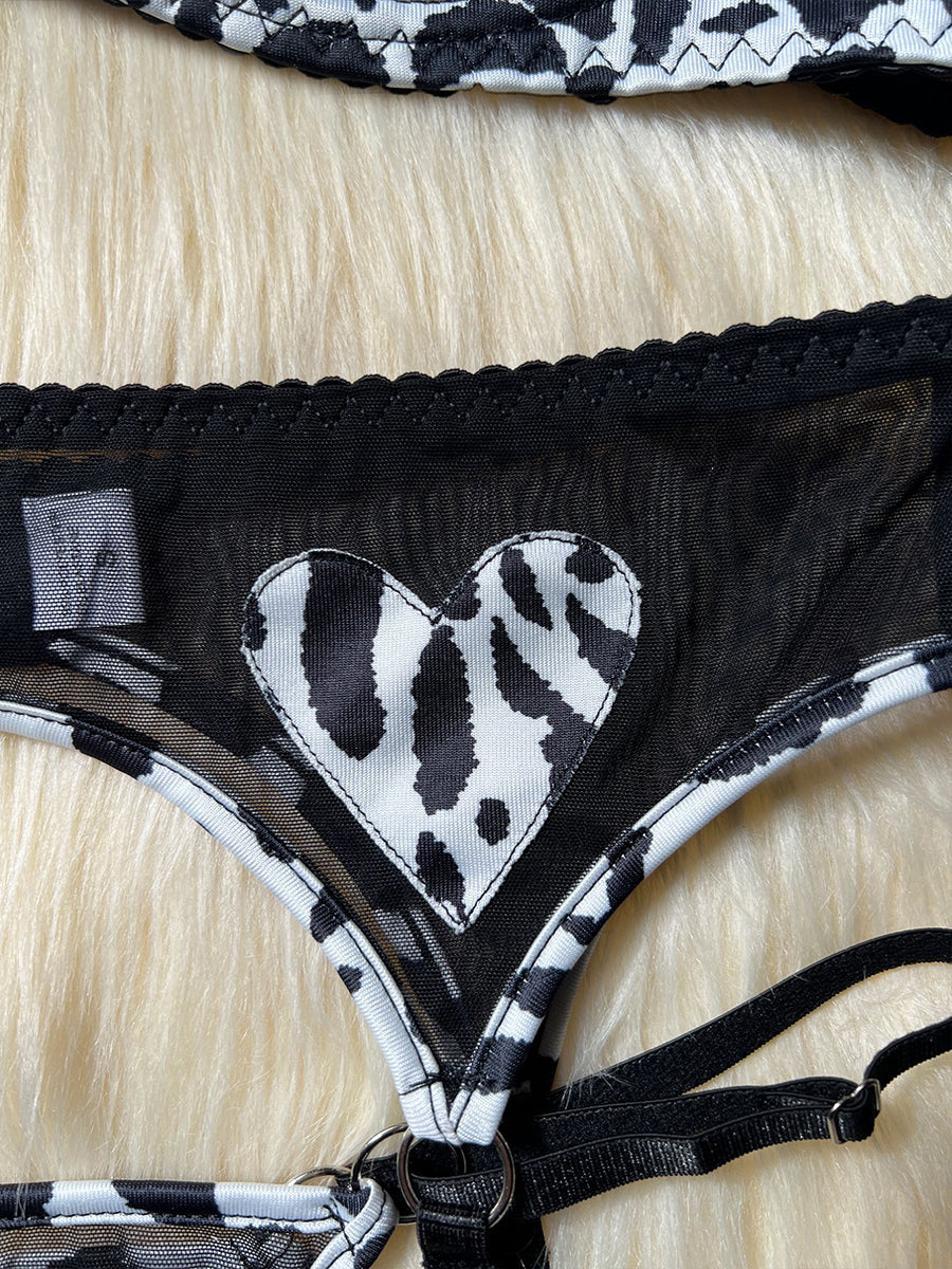 Leopard Heart Mesh Bra Set