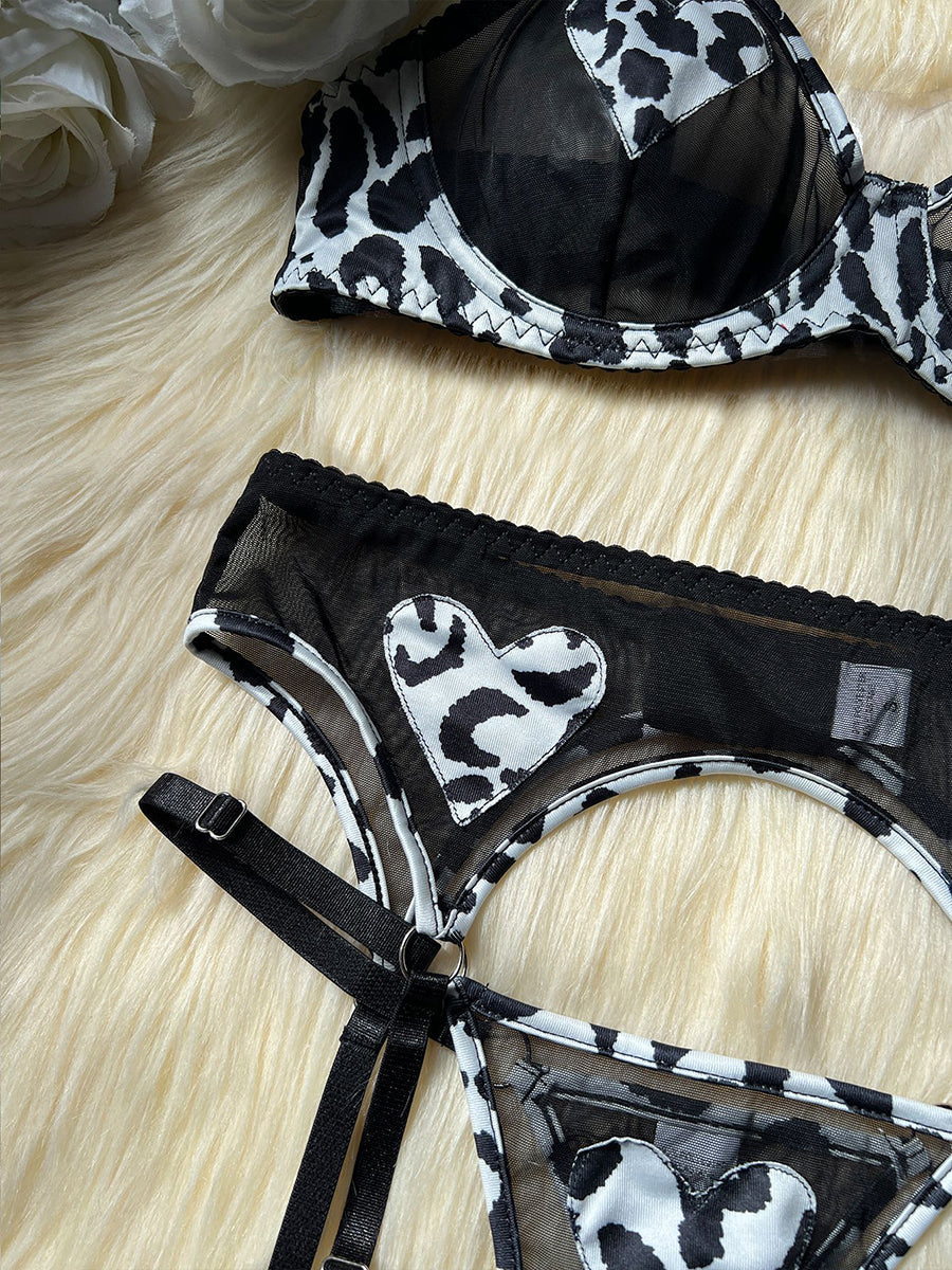 Leopard Heart Mesh Bra Set