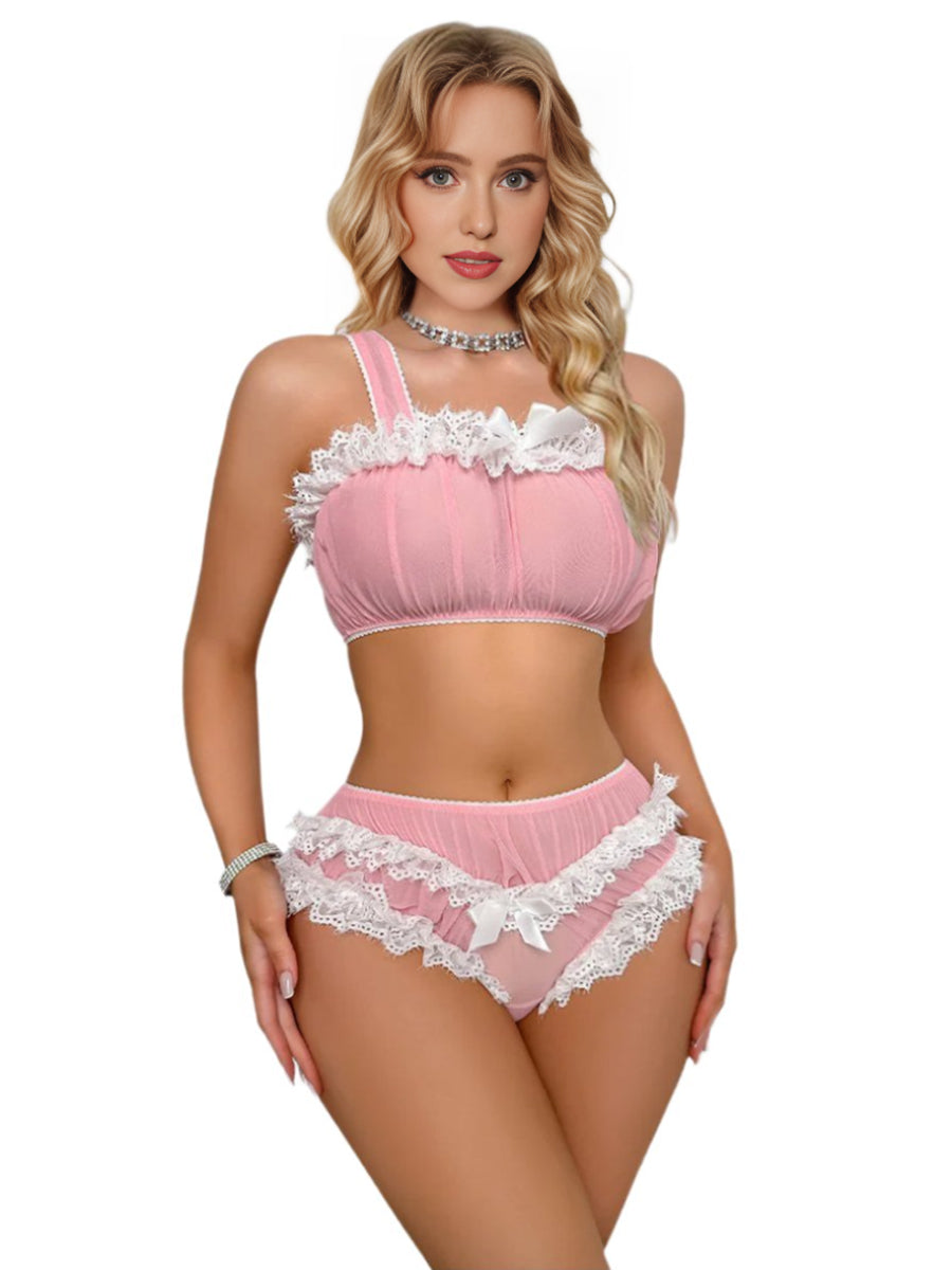 Ruffled Lace Trim Bandeau Bra Set