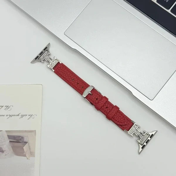 Metal diamond-studded H-mark leather strap