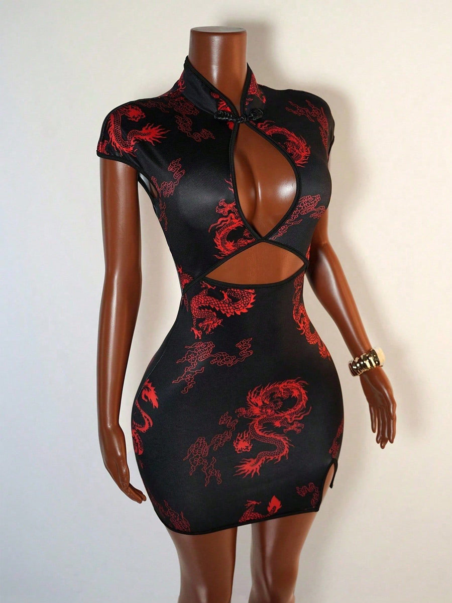 Dragon Print Cut-Out Mini Qipao Dress