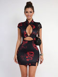 Dragon Print Cut-Out Mini Qipao Dress