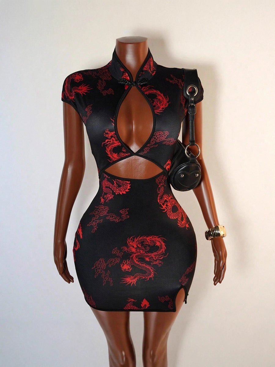 Dragon Print Cut-Out Mini Qipao Dress