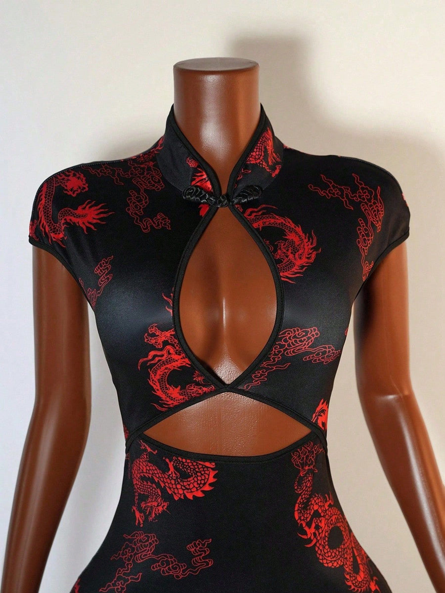 Dragon Print Cut-Out Mini Qipao Dress