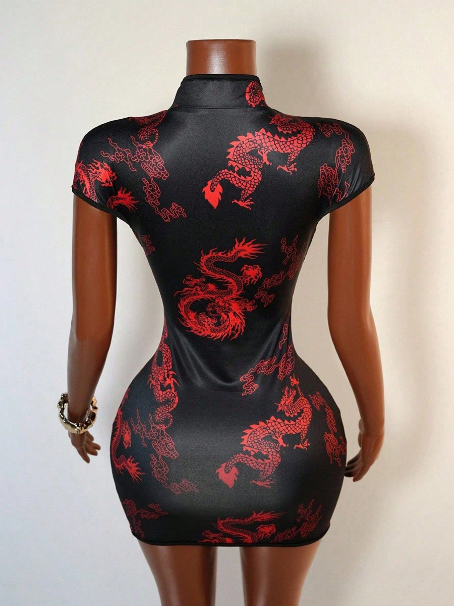 Dragon Print Cut-Out Mini Qipao Dress