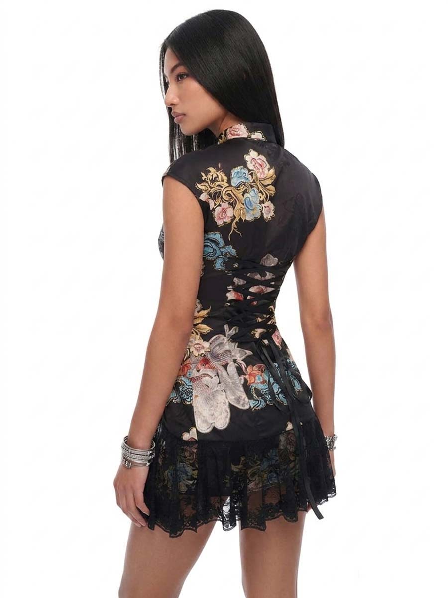 Floral Print Cheongsam Mini Dress