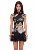 Floral Print Cheongsam Mini Dress