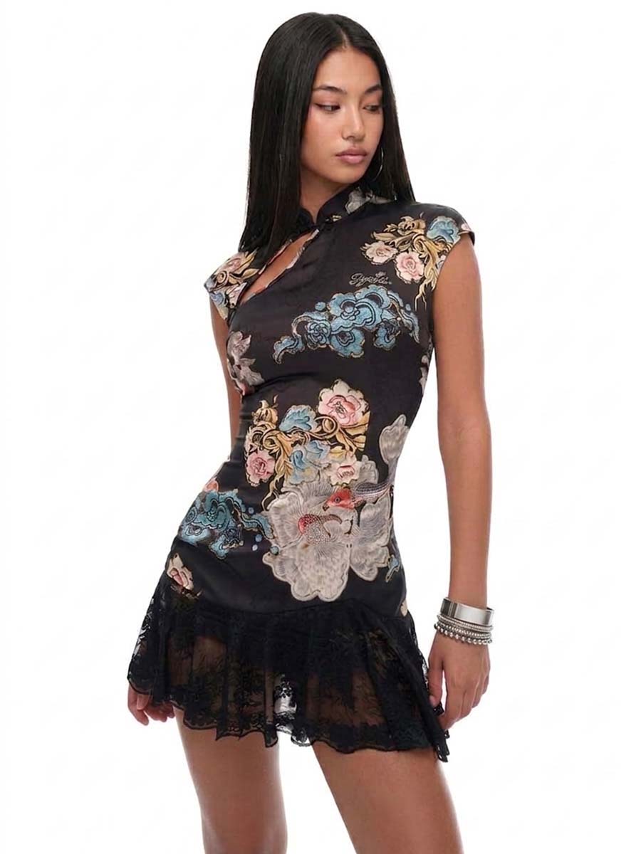 Floral Print Cheongsam Mini Dress