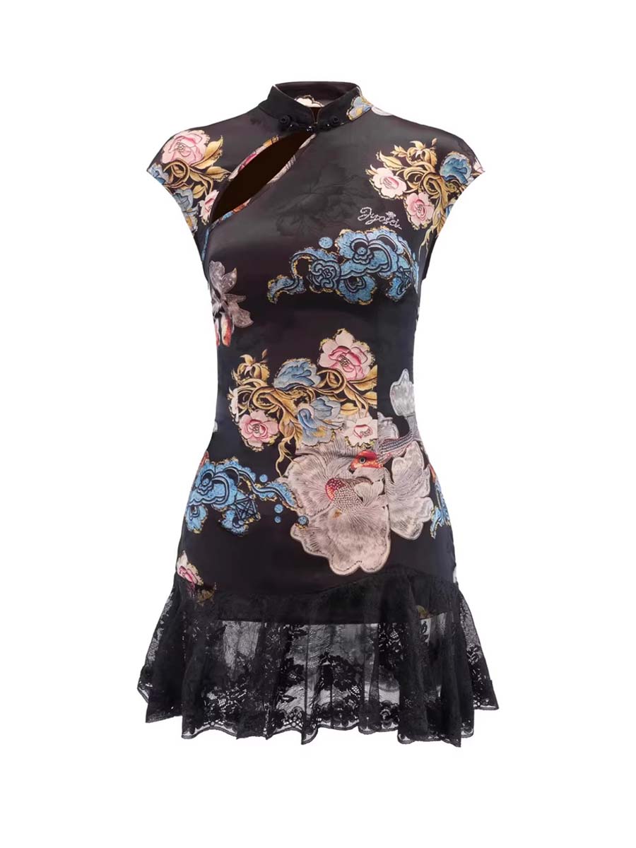 Floral Print Cheongsam Mini Dress