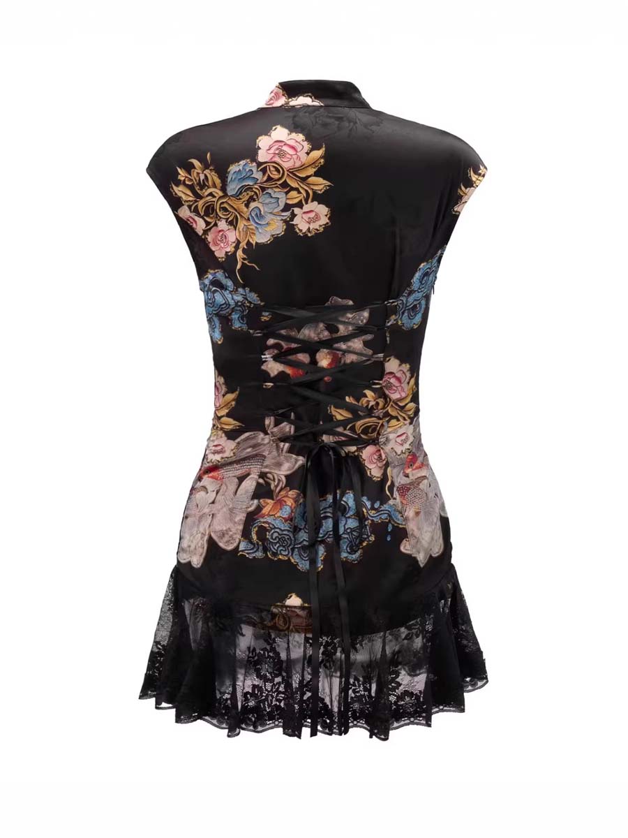Floral Print Cheongsam Mini Dress