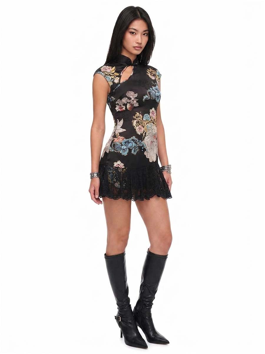 Floral Print Cheongsam Mini Dress