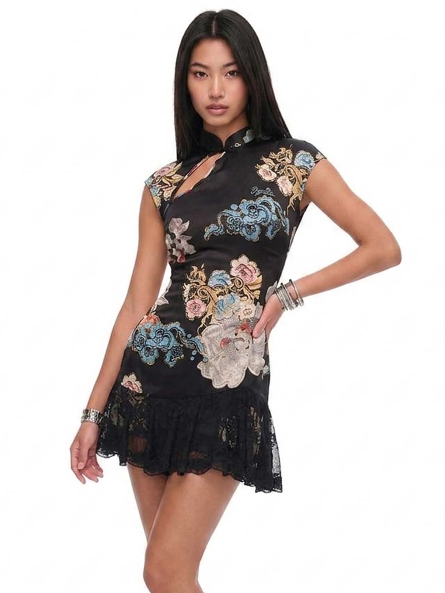 Floral Print Cheongsam Mini Dress