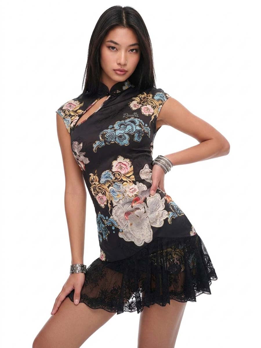 Floral Print Cheongsam Mini Dress